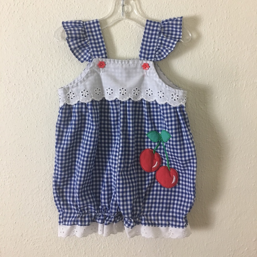 Vintage Blue & White Gingham Romper w/ Cherries